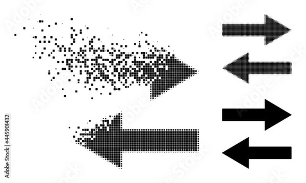 Obraz Dispersed pixelated horizontal flip arrows icon with wind effect, and halftone vector icon. Pixel dust effect for horizontal flip arrows shows speed and motion of cyberspace things.