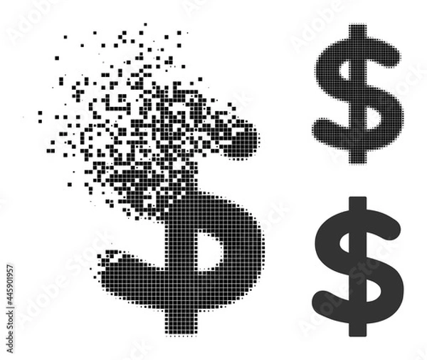 Obraz Decomposed pixelated dollar icon with destruction effect, and halftone vector icon. Pixelated dissipation effect for dollar shows speed and motion of cyberspace abstractions.
