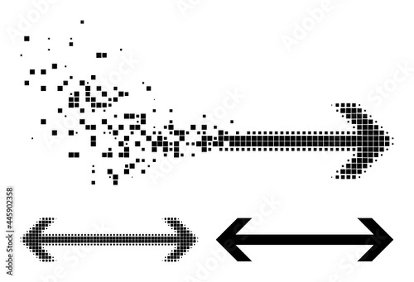 Fototapeta Moving pixelated horizontal flip pictogram with destruction effect, and halftone vector image. Pixelated disappearing effect for horizontal flip shows speed and movement of cyberspace objects.