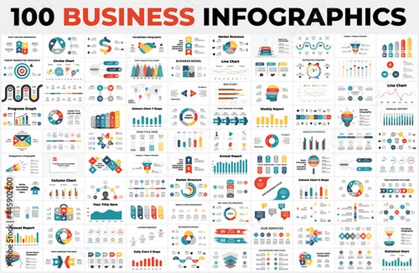 Obraz 100 Business Infographics. Presentation slide templates. Charts, graphs, circle diagrams and reports. Limited time offer.