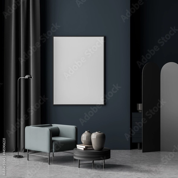 Fototapeta Empty banner in the waiting room with blue walls, chair, devider
