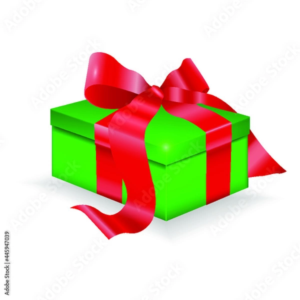 Fototapeta Green Christmas gift box with red bow isolated on white fon 