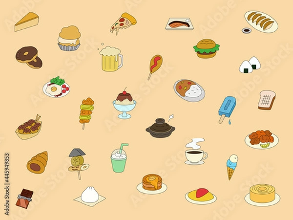 Fototapeta 線画カラーイラストの食べ物アイコンセット
