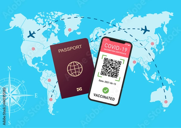 Obraz world map with smartphone and health certificate, passport world map, immunity pass with map