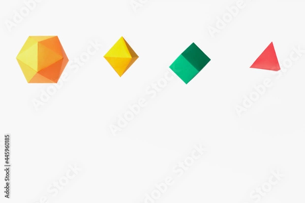 Fototapeta Platonic Solids in 3 dimensions, icosahedron, octahedron, hexahedron, and tetrahedron