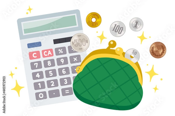 Obraz お金のイラスト がま口財布 電卓 日本硬貨