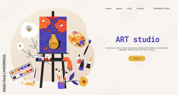 Fototapeta Painting easel landing page. Art studio accessories website UI mockup. Artist class tools. Painter supplies. Paint brushes and pencils, drawing canvas. Vector web interface template