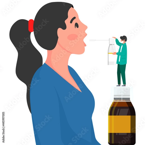 Fototapeta A Doctor treats throat to patient with throat spray. medicine concept, disease treatment concept. sore throat treatment. Medicine healthcare concept. Medical background. Medical background.
