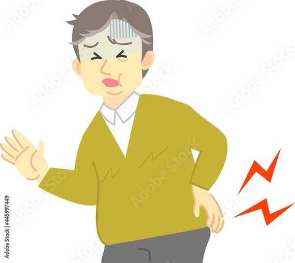 Fototapeta 腰痛で腰に手を当て痛がる表情シリーズ：幅広い年代の成人男性対応　肥満体型の中高年世代
