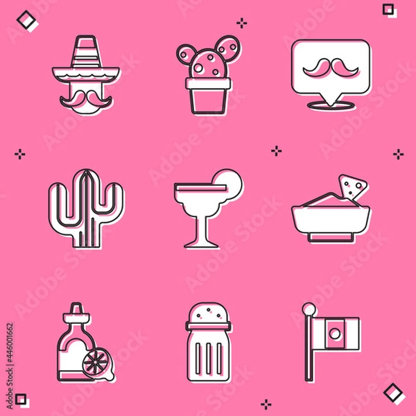 Fototapeta Set Mexican man sombrero, Cactus or succulent in pot, Mustache, Margarita cocktail, Nachos bowl, Tequila bottle with lemon and Salt icon. Vector