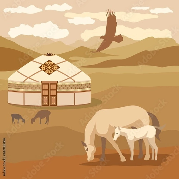 Fototapeta Vector illustration. Horse and foal, on the background of a mountain landscape and a yurt