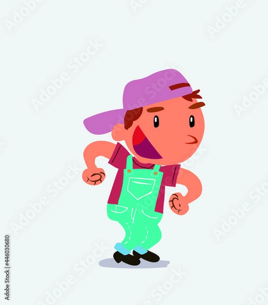 Fototapeta Euphoric cartoon character of little boy on jeans makes plans