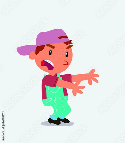 Fototapeta Very angry cartoon character of little boy on jeans pointing at something at side