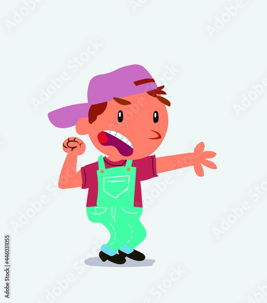 Fototapeta Very angry cartoon character of little boy on jeans pointing at something