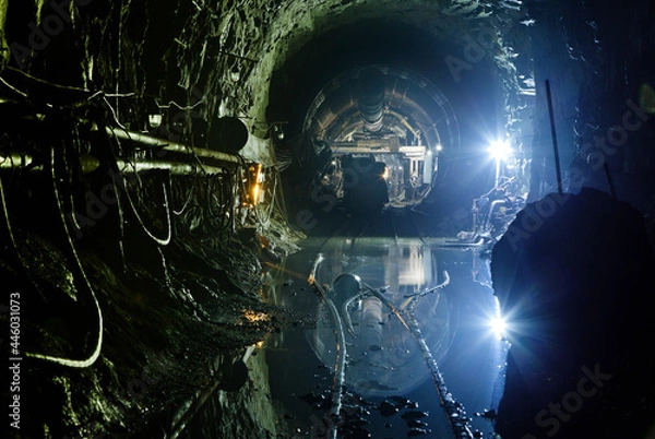 Obraz Abandoned subway tunnel construction. Deep metro line construction. Old mine for the construction of the subway