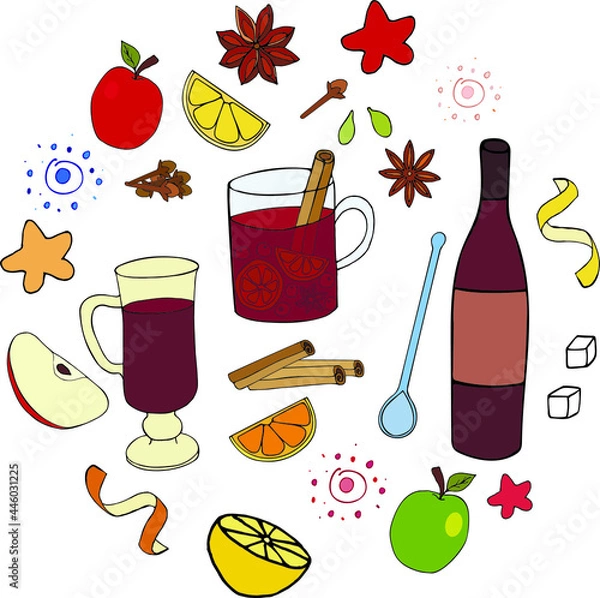 Fototapeta Hand drawn illustrations of mulled wine ingredients. Collection of vector food illustrations, doodle style, isolated on white background