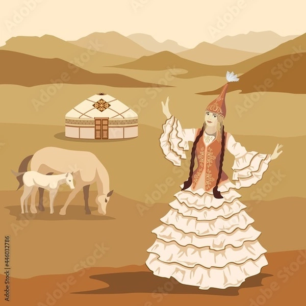 Obraz Vector illustration. A beautiful woman in a dance, in a Kazakh national costume, against the background of a mountain landscape, a yurt and horses