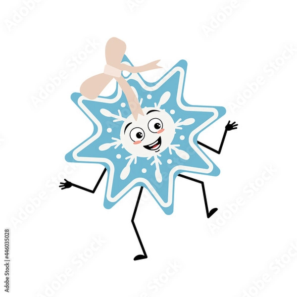 Fototapeta Cute Christmas snowflake with happy emotions, dancing, smile, hands and feet. Joyful New Year festive decoration with eyes
