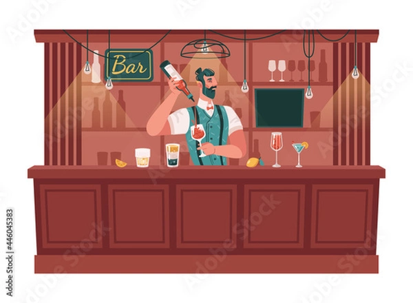 Fototapeta Skillful bartender serving cocktails and mixing drinks. Barman with glasses and bottles of alcohol, bar or pub. Barkeeper or waiter working at night. Flat cartoon character vector illustration