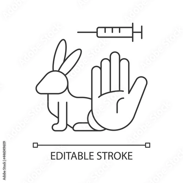 Fototapeta No rabbit testing linear icon. Ban for harmful clinical trials on hares. Protect pets. Thin line customizable illustration. Contour symbol. Vector isolated outline drawing. Editable stroke