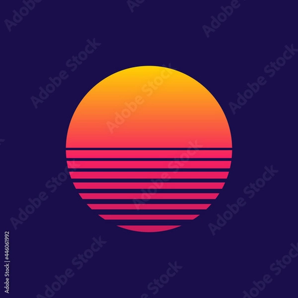 Fototapeta Sunset. Retro sun of 80s or 90s. Background for cyberpunk, disco of 80 s and sunrise in miami. Neon gradient graphic for summer logo. Futuristic icon for flyer, design, music and shirt. Vector