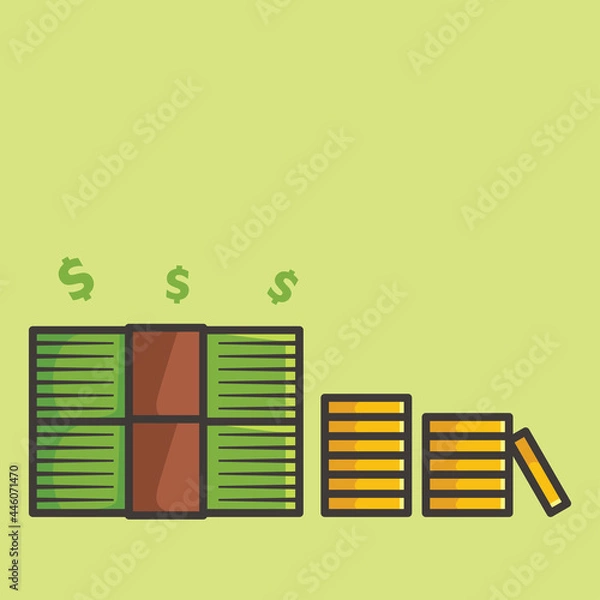 Fototapeta Pile of money and coin dollar cartoon symbol illustration black line art design vector
