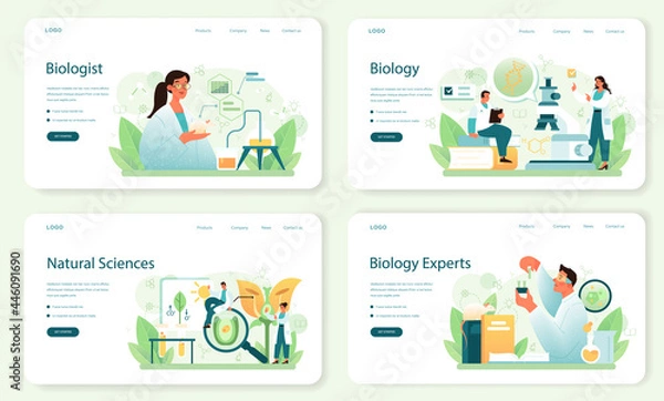 Fototapeta Biologist web banner or landing page set. Scientist make laboratory analysis