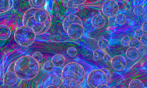 Fototapeta Abstract composition of transparent multicolored spheres of different sizes. 3d rendering.