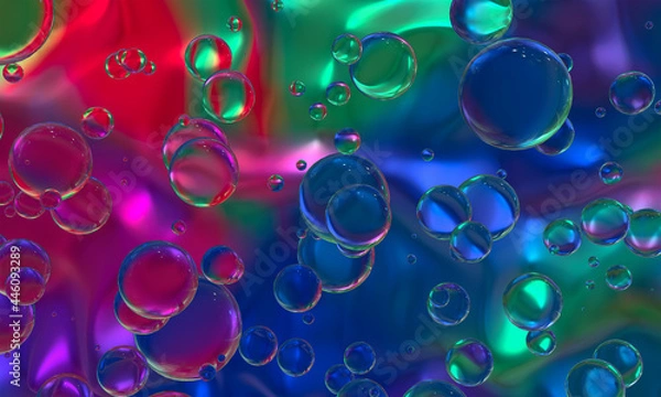 Fototapeta Abstract composition of transparent multicolored spheres of different sizes. 3d rendering.