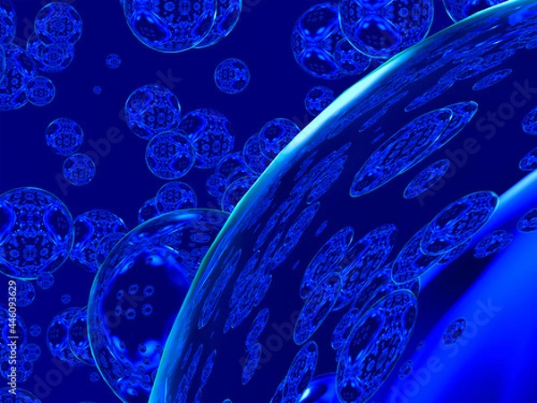 Fototapeta Abstract composition of blue transparent spheres of different sizes. 3d rendering.
