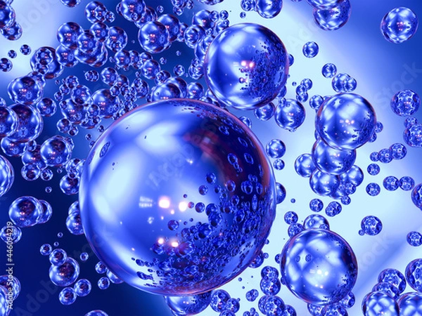 Fototapeta Abstract composition of blue transparent spheres of different sizes. 3d rendering.