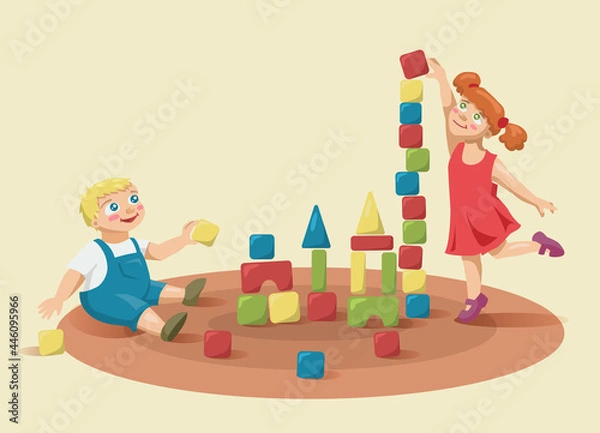 Obraz Children playing blocks. Cartoon boy and girl with color cubes. Smiling kids play toys. Vector illustration.
