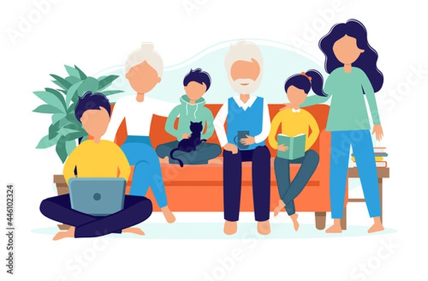Obraz A large friendly family gathered on the couch. Parents, grandparents, children and cat spend time together. A happy family. Vector illustration in flat style