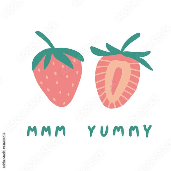 Fototapeta Strawberry and lettering in Scandinavian style. Cute vector illustration. Perfect baby design for birthday invitation, baby shower, posters, clothing, nursery wall art and postcard.