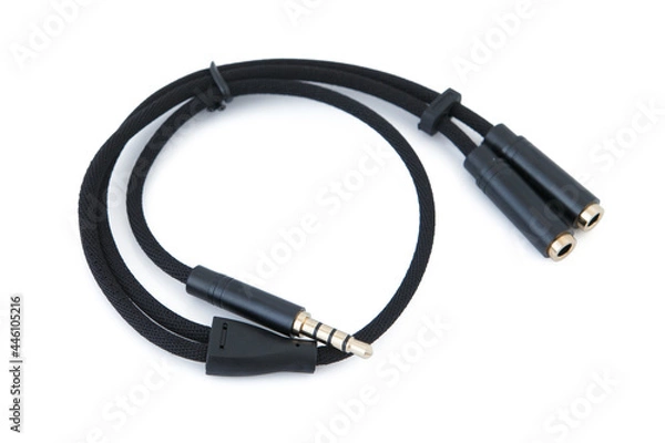 Fototapeta Audio cable jack 3.5mm, 2 In 1 splitter 4 pole 3.5mm audio earphone headset to 2 female jack headphone mic and audio cable 3 pole for PC notebook laptop on white background.