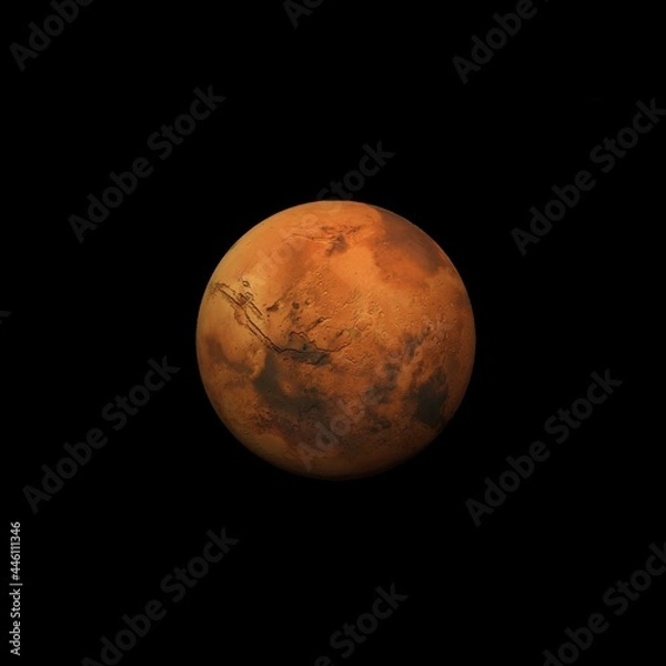 Fototapeta Mars, the red planet, 3d rendering with detailed surface features, with atmosphere, space background, high resolution, natural color