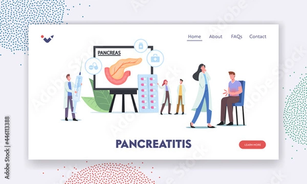 Fototapeta Pancreatitis Diagnosis, Pancreas Disease Symptoms Landing Page Template. Doctor Characters Care of Patient with Sickness