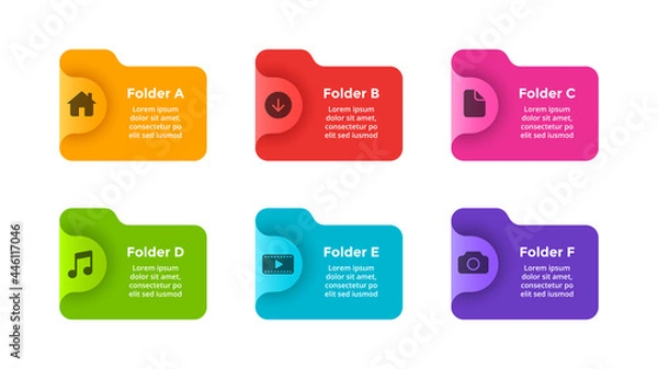 Obraz 6 folder icons illustration. Infographic slide template for your presentation. File manager. Creative computer concept. User interface technology.