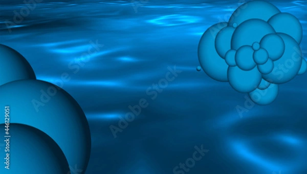 Fototapeta Abstract composition of blue spheres of different sizes above the water. 3d rendering.