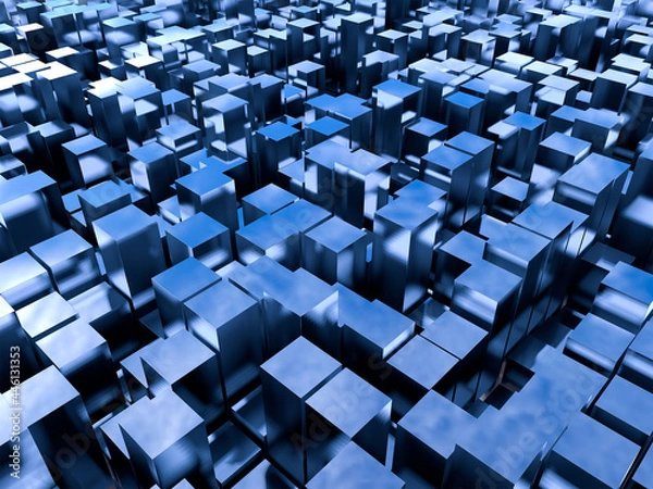 Fototapeta Abstract composition of cubes and parallelograms of different heights in dark blue colors. 3d rendering.