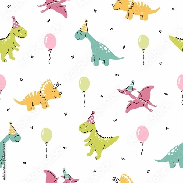 Obraz Vector seamless pattern with dinosaurs birthday party. Cute cartoon dino character for kids. Dinosaurs with baloons and confetti around on white background. 