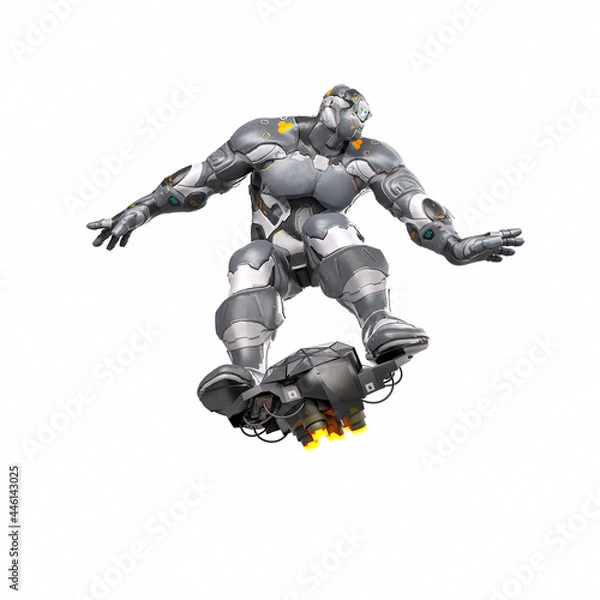 Fototapeta future soldier is surfing on flyboard in white background