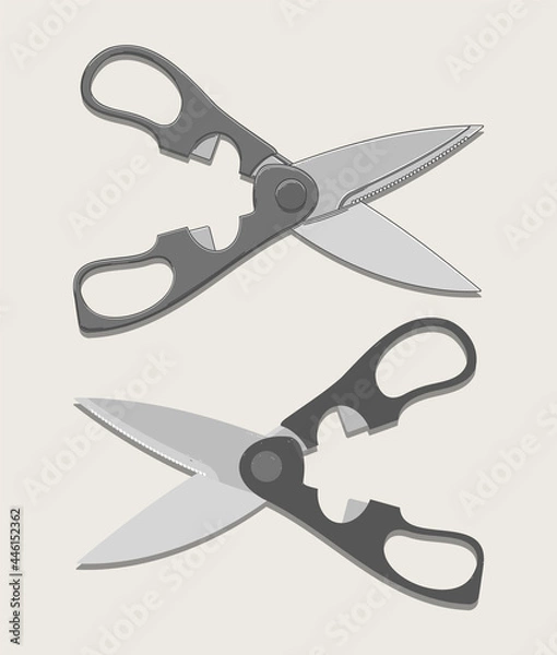 Obraz Kitchen scissors in two versions isolated on beige background. Vector illustration