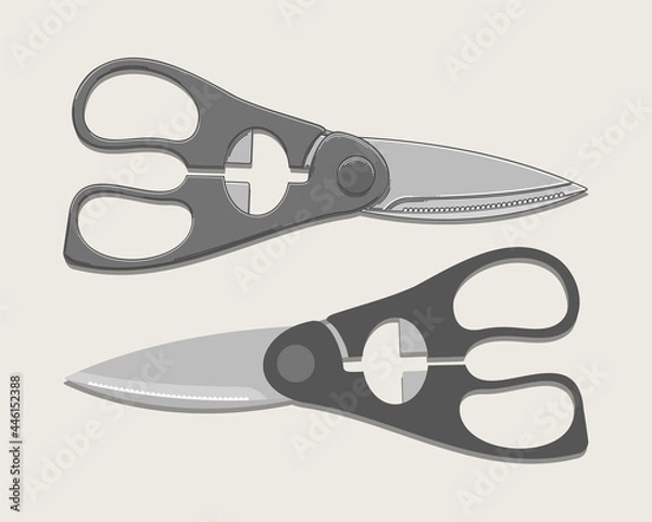 Obraz Kitchen scissors in two versions isolated on beige background. Vector illustration