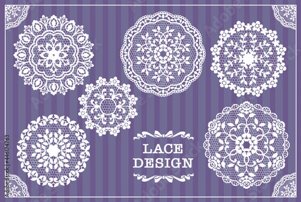 Obraz アンティークな丸型レース、ドイリーの素材セット。ベクター素材。