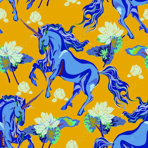 Obraz Unicorn and lotus flowers vector seamless pattern.