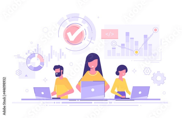 Fototapeta Naukowcy danych, inżynier oprogramowania, statystyk, programistowie, wizualizator i analityk pracujący nad projektem. Koncepcja analizy dużych zbiorów danych. Profesjonalny zespół pracujący razem. Nowoczesna ilustracja wektorowa.