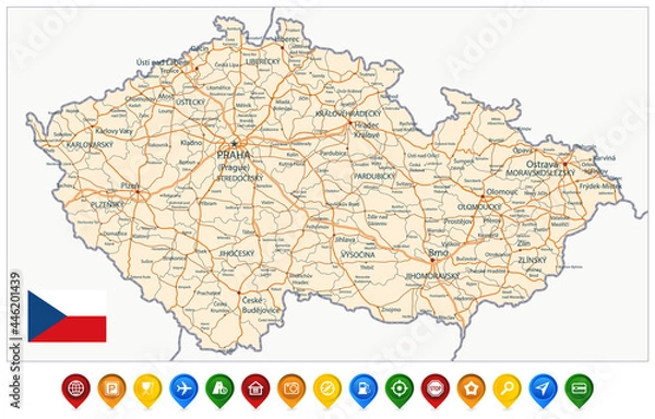 Obraz Czech Republic Administrative Map and Colored Map Icons