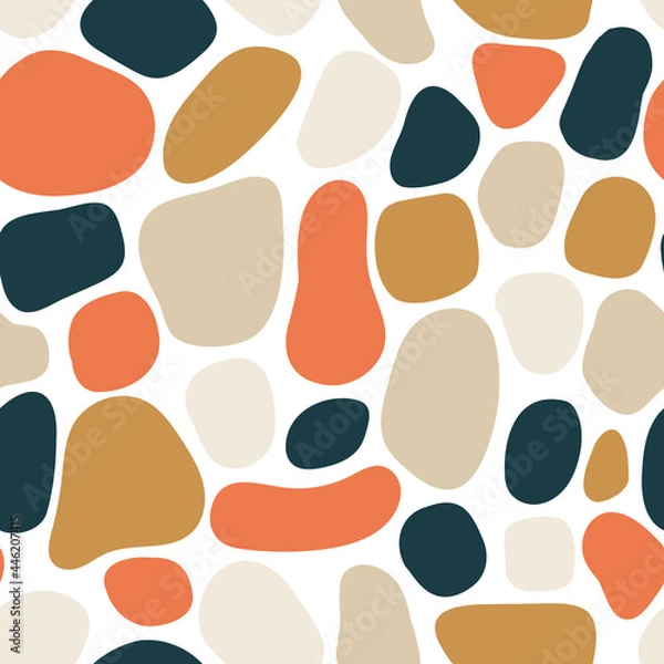 Fototapeta Seamless pattern abstract organic shapes Terrazzo mosaic style. Contemporary geometric repeating background. Modern collage elements puzzle background. For decor, fabric, packaging.