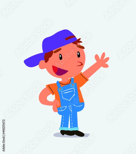 Fototapeta cartoon character of little boy on jeans explaining something while pointing